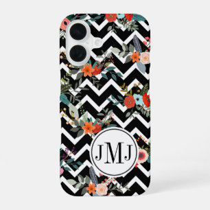Black and White Chevron Floral Monogram iPhone 16 Case