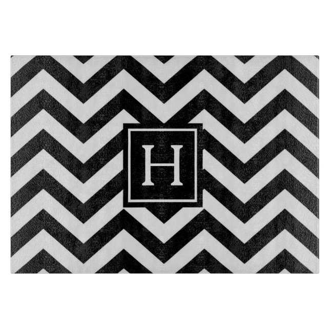 Black And White Chevron Monogram Cutting Board (Front)