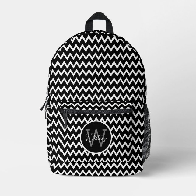 Black And White Chevron Pattern Monogrammed Printed Backpack (Front)