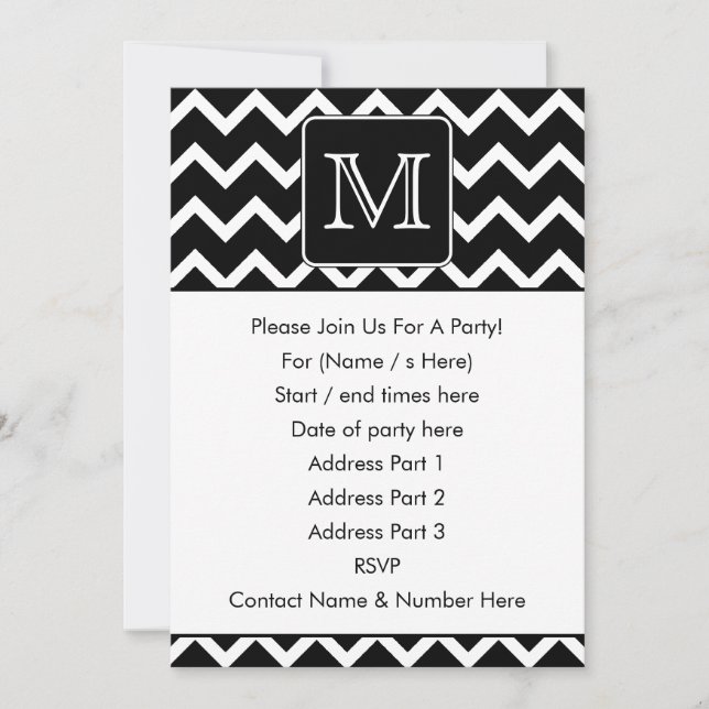 Black and White Chevron with Custom Monogram. Invitation (Front)