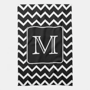 Black and White Chevron with Custom Monogram. Tea Towel