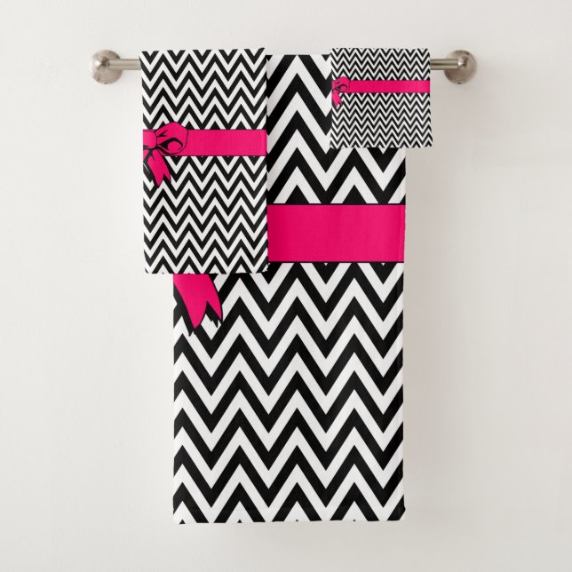 Black and White Chevron with Hot Pink Bow Bath Towel Set (Insitu)
