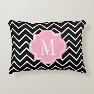 Black and White Chevron with Pink Monogram Decorative Cushion