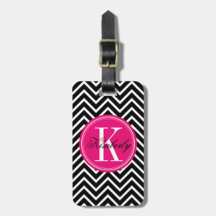 Black and White Chevron with Pink Monogram Luggage Tag
