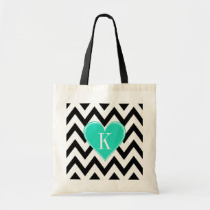 Black and White Chevron with Teal Heart Monogram Tote Bag