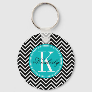 Black and White Chevron with Teal Monogram Key Ring