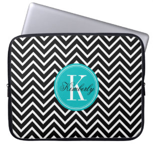 Black and White Chevron with Teal Monogram Laptop Sleeve