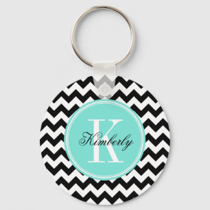 Black and White Chevron with Turquoise Monogram Key Ring
