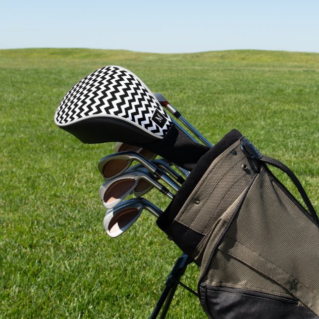 Black and white chevron zigzag pattern golf head cover (In Situ)