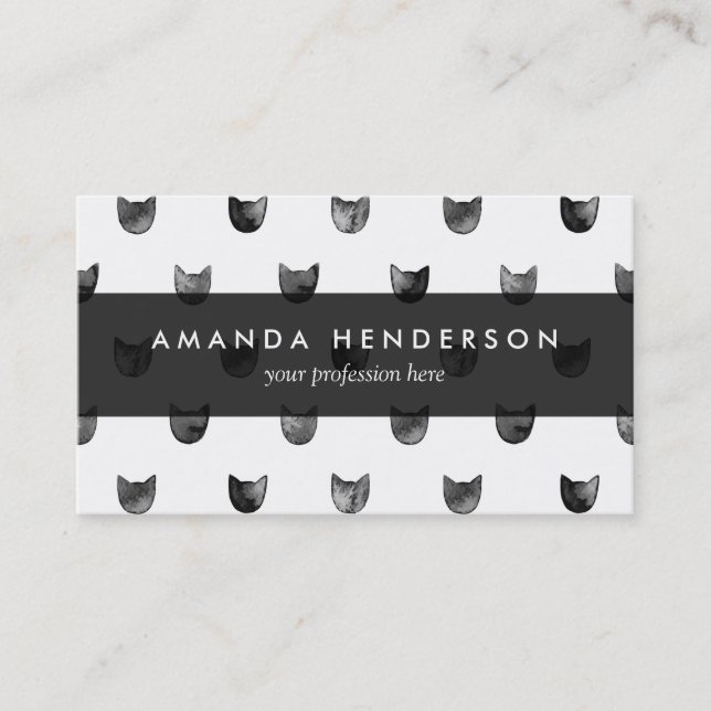Black and White Chic Cute Cat Pattern Business Card (Front)