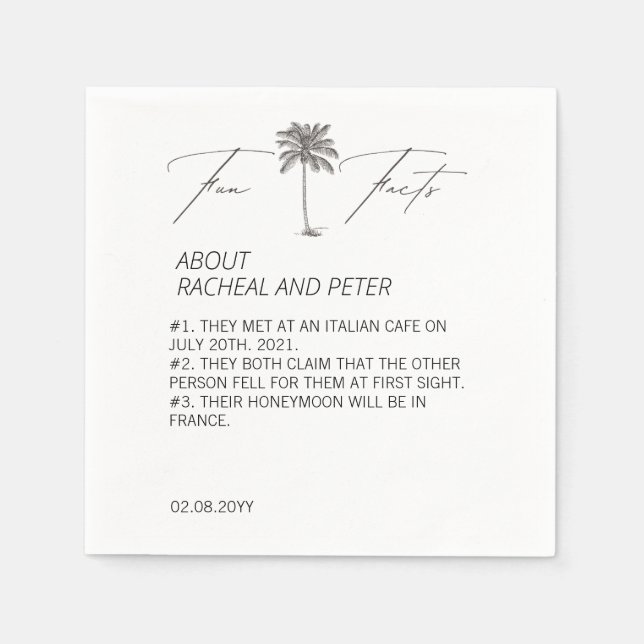 Black and White Chic Palm Tree Fun Facts Wedding Napkin (Front)