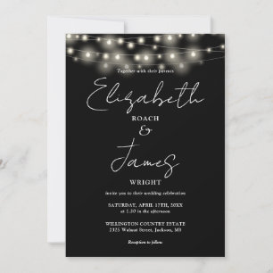 Black And White Chic String Lights QR Code Wedding Invitation