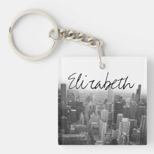 Black and White Chicago Skyline with a Name Key Ring