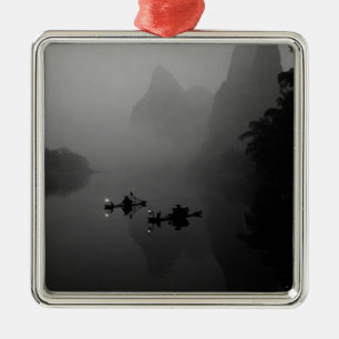 Black and white, China, Li River, Fisherman on Metal Tree Decoration