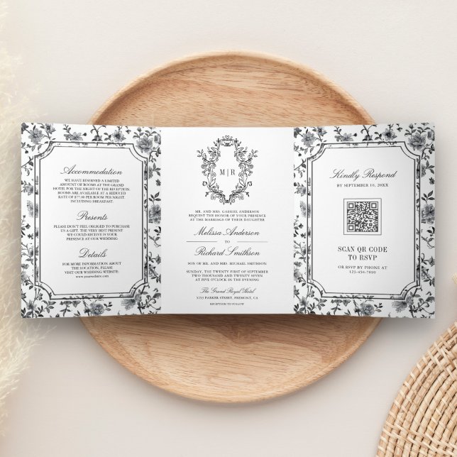 Black and White Chinoiserie Crest QR Code Wedding Tri-Fold Invitation (Creator Uploaded)
