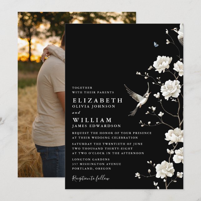 Black And White Chinoiserie Floral Wedding Photo Invitation (Front/Back)
