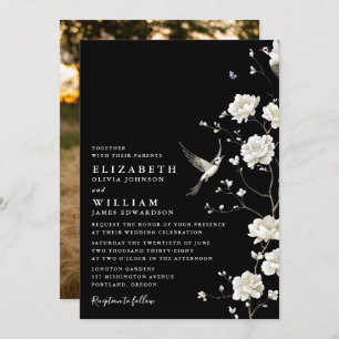 Black And White Chinoiserie Floral Wedding Photo Invitation