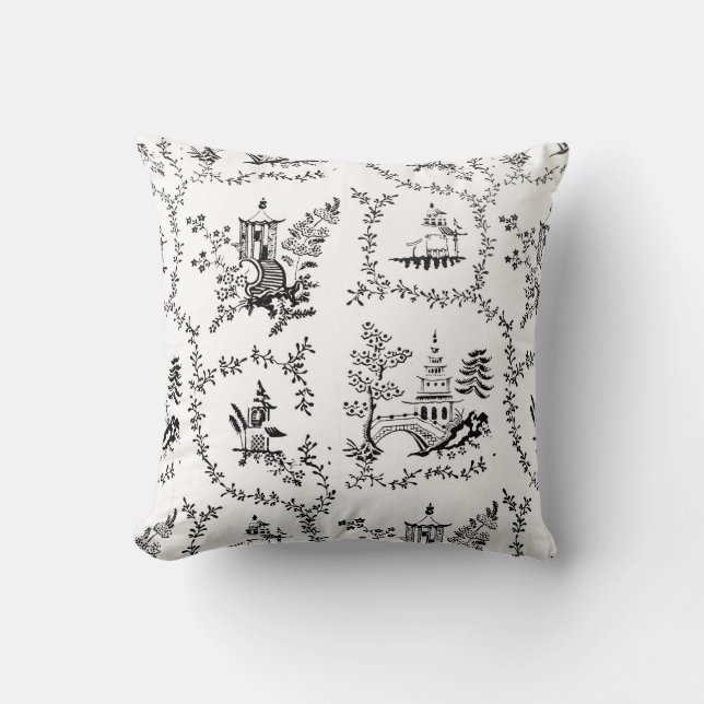 Black and White Chinoiserie Pagoda Cushion (Front)