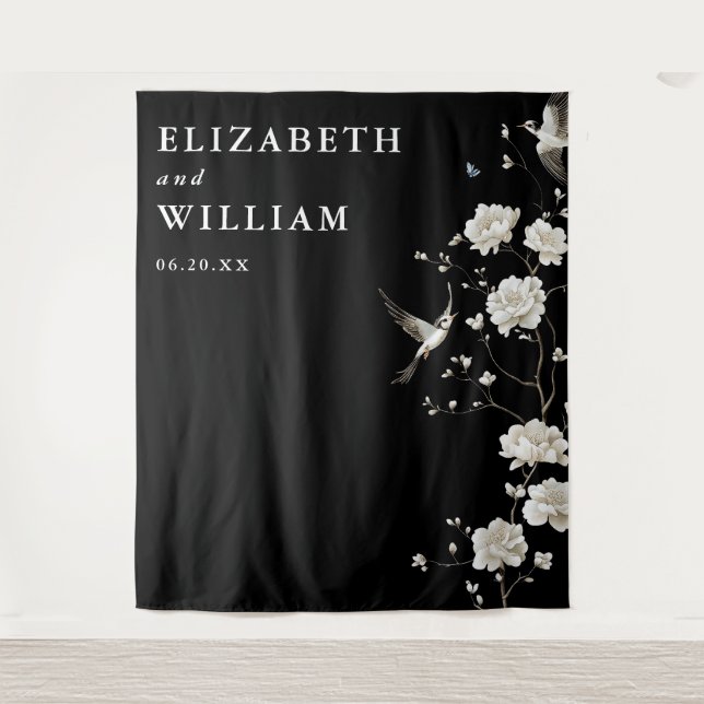 Black And White Chinoiserie Wedding Photo Backdrop Tapestry (Front)