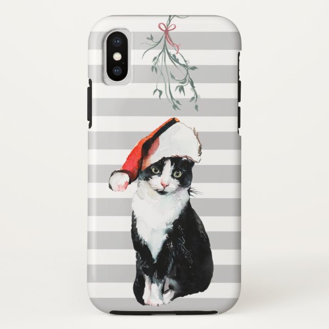 Black and white Christmas Cat wearing santa hat Case-Mate iPhone Case (Back)