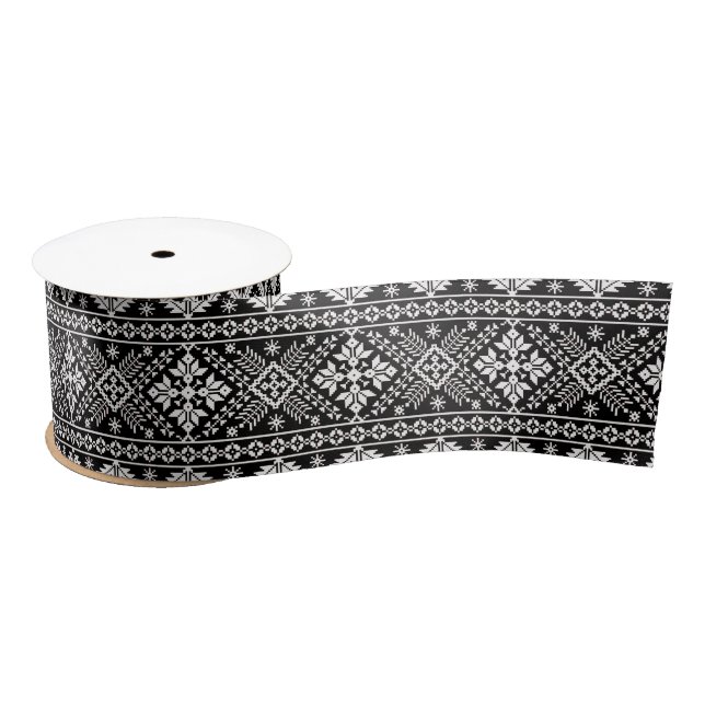 Black and White Christmas Fair Isle Pattern Satin Ribbon (Spool)