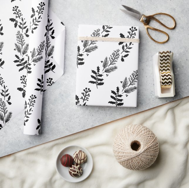 black and white Christmas greenery  wrapping paper (Crafts)