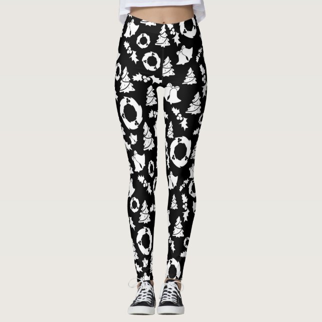 Black And White Christmas Pattern Leggings (Front)