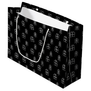 Black and White Christmas Tree and Present Pattern Large Gift Bag