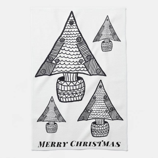 Black and White Christmas Tree Drawing Tea Towel (Vertical)