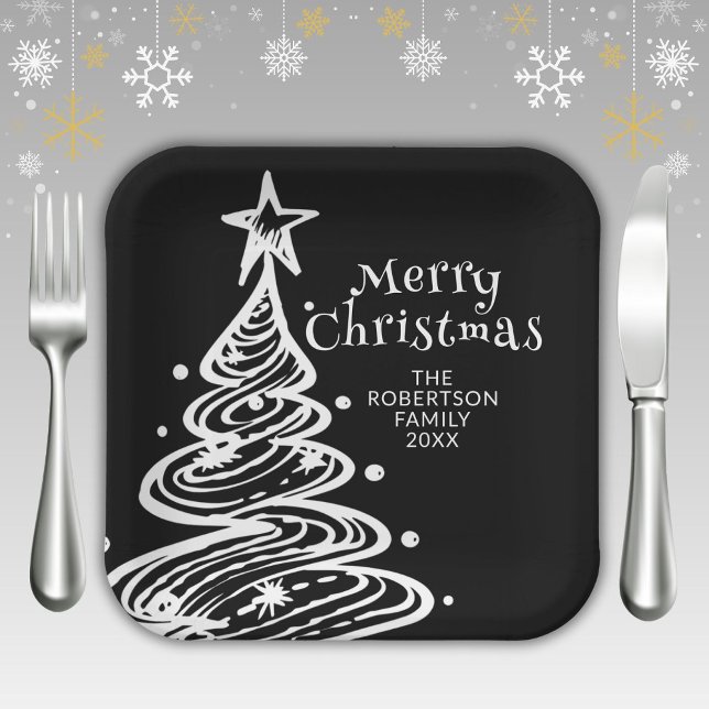 Black and White Christmas Tree Party Paper Plate (Creator Uploaded)