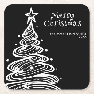 Black and White Christmas Tree Party Square Paper Coaster