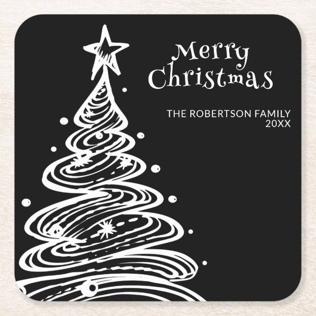 Black and White Christmas Tree Party Square Paper Coaster (Front)