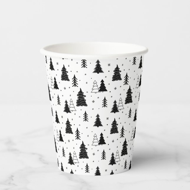 Black and White Christmas Tree Pattern Paper Cups (Front)