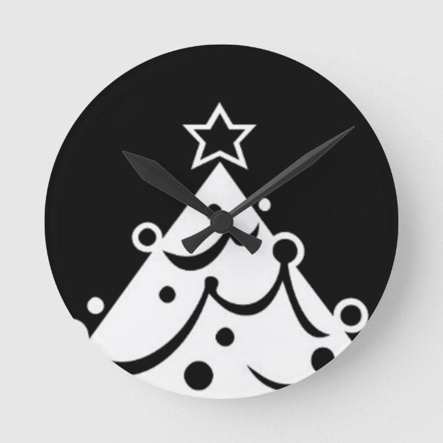 Black and White Christmas Tree Round Clock (Front)