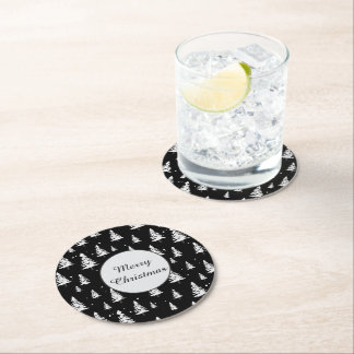 Black and White Christmas Tree Round Paper Coaster