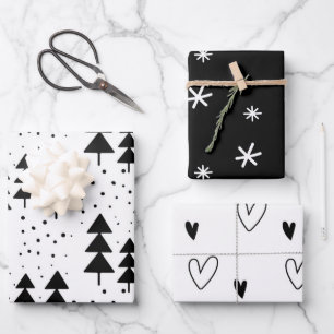 Black and White Christmas Trees Snowflakes Hearts Wrapping Paper Sheet