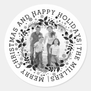 Black and white Christmas wreath and photo Classic Round Sticker