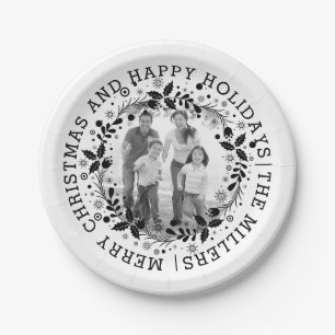 Black and white Christmas wreath and photo Paper Plate