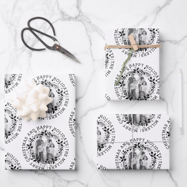 Black and white Christmas wreath and photo Wrapping Paper Sheet (Front)