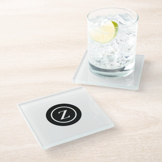 Black and white circle custom initial glass coaster (Angled)