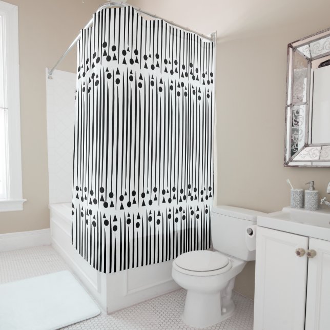 Black and White Circle Triangle Stripe Pattern Shower Curtain (In Situ)