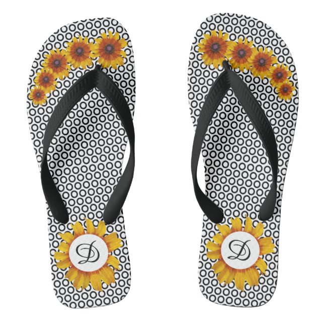 Black And White Circles With Sunflowers Jandals (Footbed)