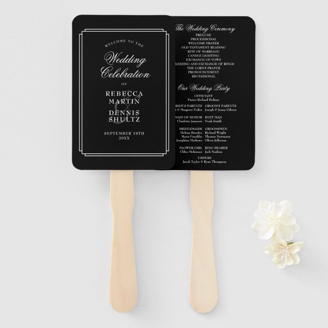 Black And White Classic Art Deco Wedding Program Hand Fan (Front and Back)