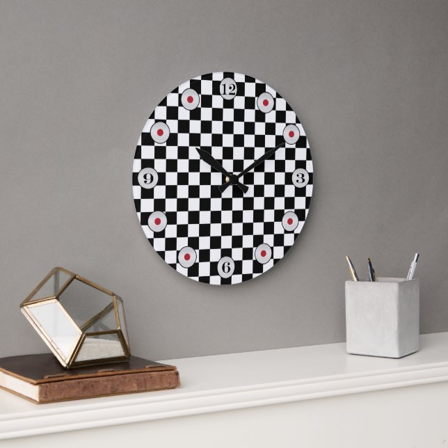 Black and White Classic Checkerboard by STaylor Large Clock (Office)