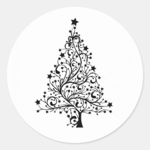 Black and White Classic Christmas Tree Round Sticker