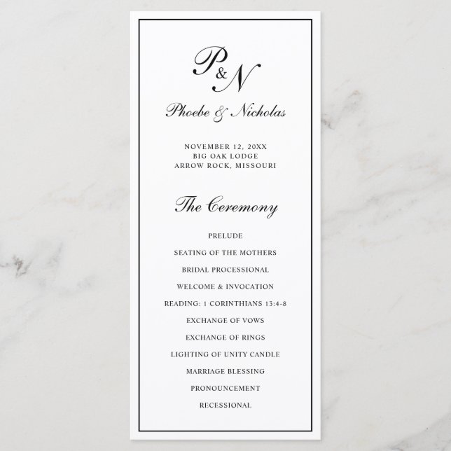 Black and White Classic Elegant Wedding Programme (Front)