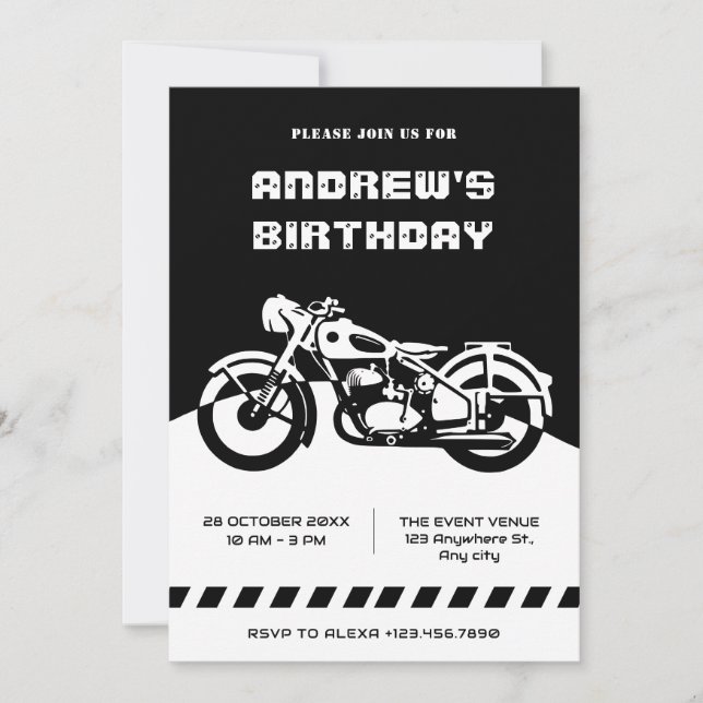 Black and White Classic Motorcycle birthday Invitation (Front)