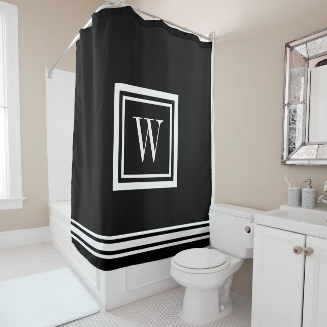 Black and White Classic Square Monogram Shower Curtain (In Situ)