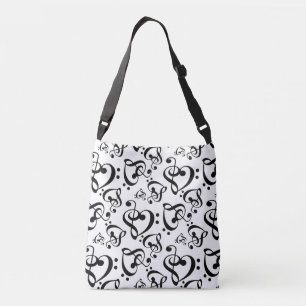 Black And White Clef Hearts Music Notes Pattern Crossbody Bag