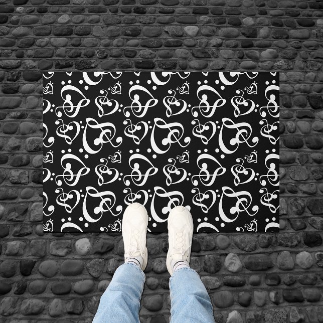 Black And White Clef Hearts Music Notes Pattern Doormat (Creator Uploaded)